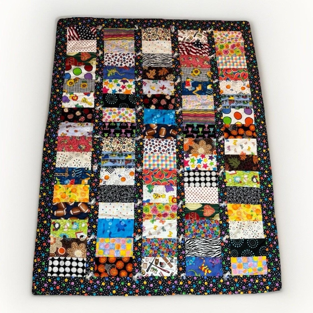 Handmade Patchwork‎ Tied Quilt Multi Pattern Sports Animals Woodland Backing